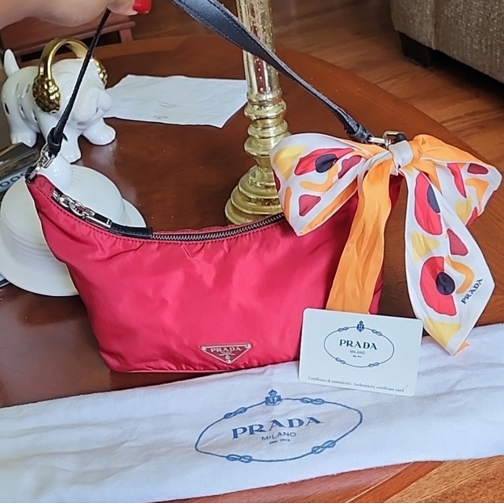 Prada Vibrant Red Shoulder Bag with Patterned Scarf
